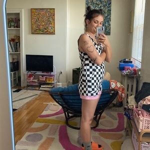Lazy Oaf Checkerboard Zip Romper Overalls